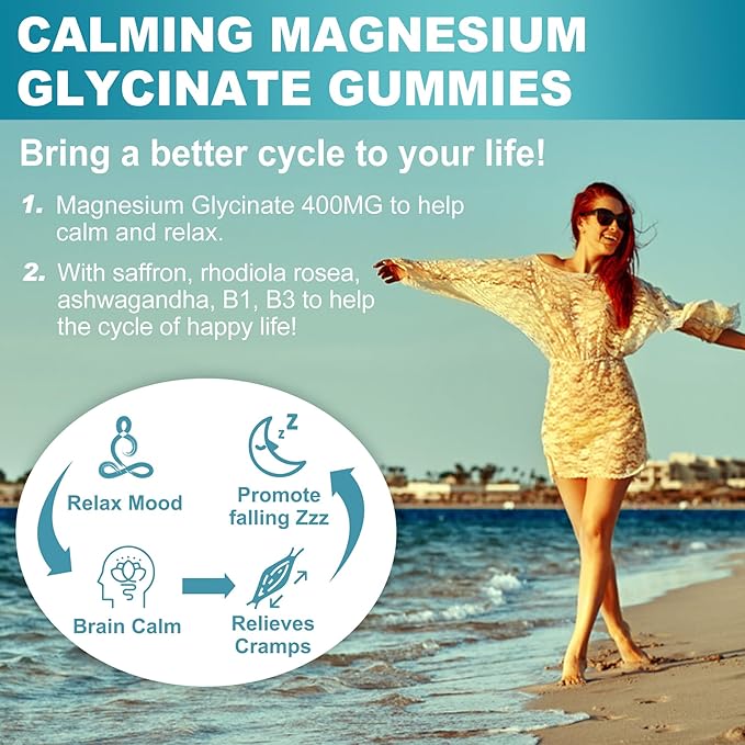 Sugar Free Magnesium Glycinate Gummies 400mg with Ashwagandha B1 B3 Rhodiola Rosea &amp Saffron for Support Rest Mood &amp Energy Calm Magnesium Gummies for Adults Chewable Magnesium Supplement