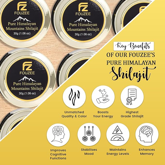 FOUZEE Pure Himalayan Mountains Shilajit - 77% + Fulvic Acid Authentic Hard Consistency Natural Source of Fulvic Acid Over 85 Trace Minerals Includes Stainless Steel Spoon (30 Grams)