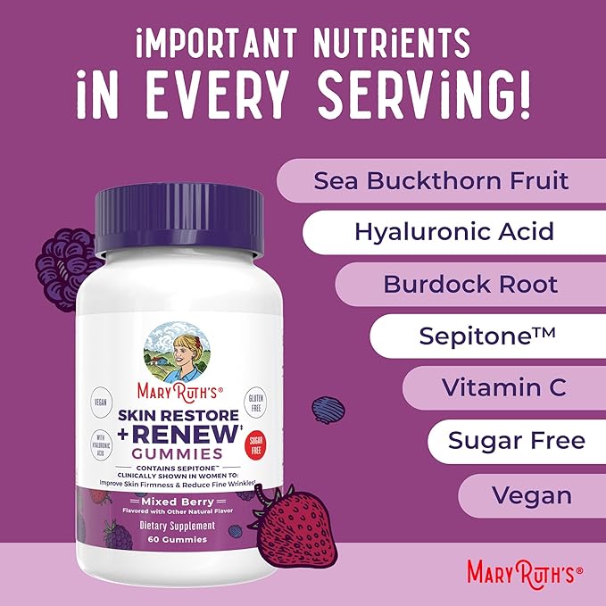 MaryRuth's Skin Restore + Renew Gummies With Hyaluronic Acid | Skin Hydration | Clinically Shown in Women to Reduce Fine Wrinkles &amp Improve Skin Firmness | Vegan Collagen Production | 60 Gummies