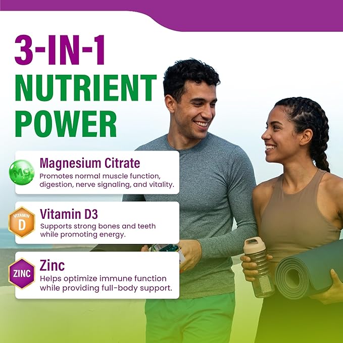Magnesium Citrate 600mg 120 Capsules - 3-in-1 Magnesium Citrate Capsules with Vitamin D3 and Zinc Supplements - citrato de magnesio for Muscle Nerve Function Healthy Bones Teeth Fatigue/Tiredness
