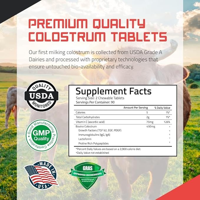 Bovine Colostrum Powder Grass Fed Gut Health Bloating Immunity Skin &amp Hair 400+ Bioactive Nutrients Potent Bioavailable - Strawberries &amp Cream - 180 Tablets (90 Servings)