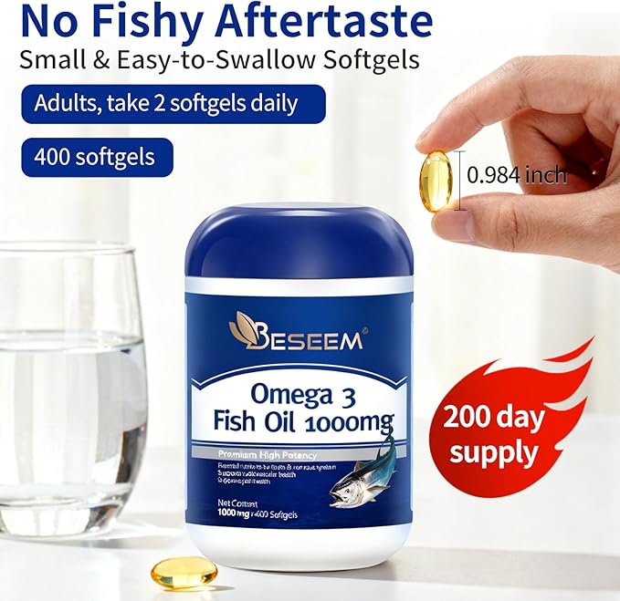 Omega-3 Fish Oil 1000mg Softgels - High Potency 360mg EPA + 240mg DHA per Serving Fish Oil Supplement from Wild-Caught Deep Ocean Fish Heart &amp Brain Support 400 Softgels