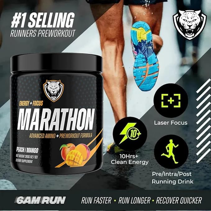 6AM Run Marathon | Running Supplements for Endurance &amp Stamina | Amino Energy with BCAAs for a Clean Pre Running Fuel | No Jitters | Marathon Essentials | Peach Mango | 40 Servings