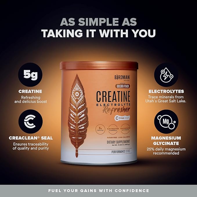 BIRDMAN Creatine Refresher | Creatine Monohydrate Powder with Electrolytes Magnesium Glycinate &amp Vitamins | Creaclean Seal | Sugar Free Low Calorie | Golden Peach | 30 Servings