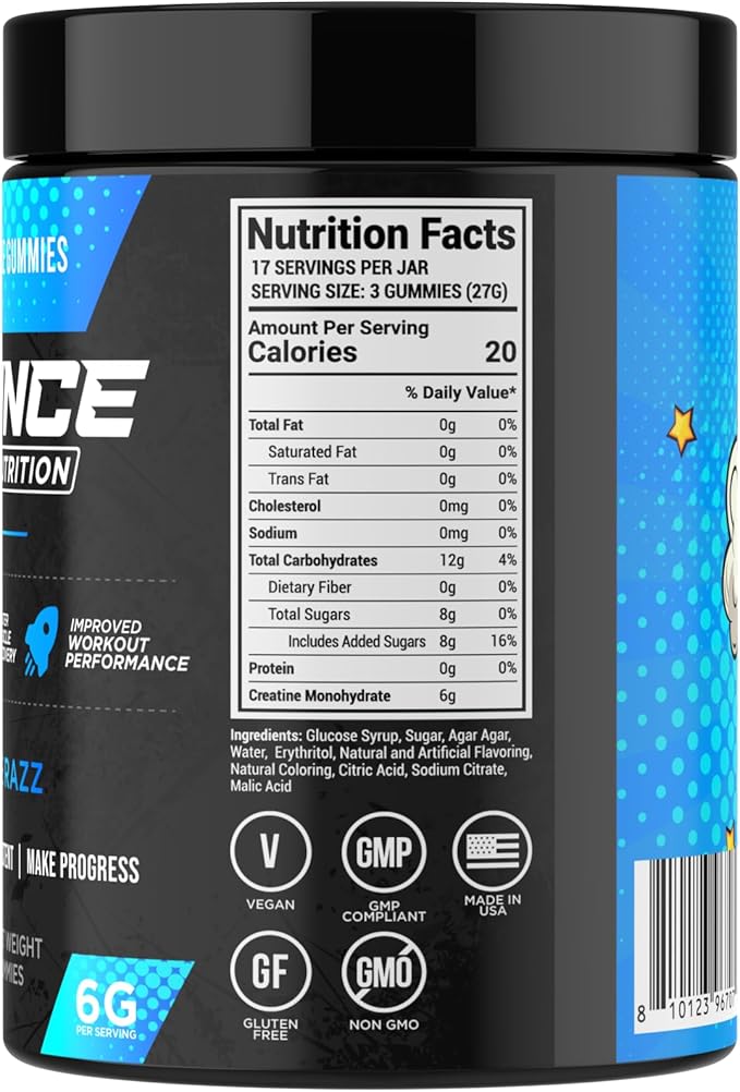 Bounce Pro Creatine Monohydrate Gummies for Men &amp Women Low Calorie 6G of Creatine per Serving Vegan Anti-Melting Gluten-Free Non-GMO 2g of Creatine per Gummy (51ct Blue Razz)