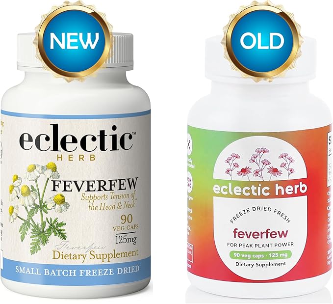 Eclectic Herb - Feverfew Capsules | Support for Head &amp Neck Tension | Herbal Supplement | US-Grown Vegan Non-GMO Gluten Free (90 CT | 125 mg)