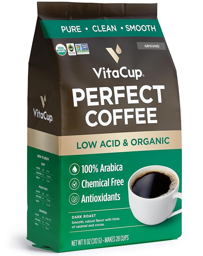 VitaCup Perfect Low Acid Ground Coffee 11 oz &amp Keto + Collagen Vanilla Creamer 10 oz | Infused with Superfoods (Collagen Coconut Water MCT Dairy-Free) for body and brain health