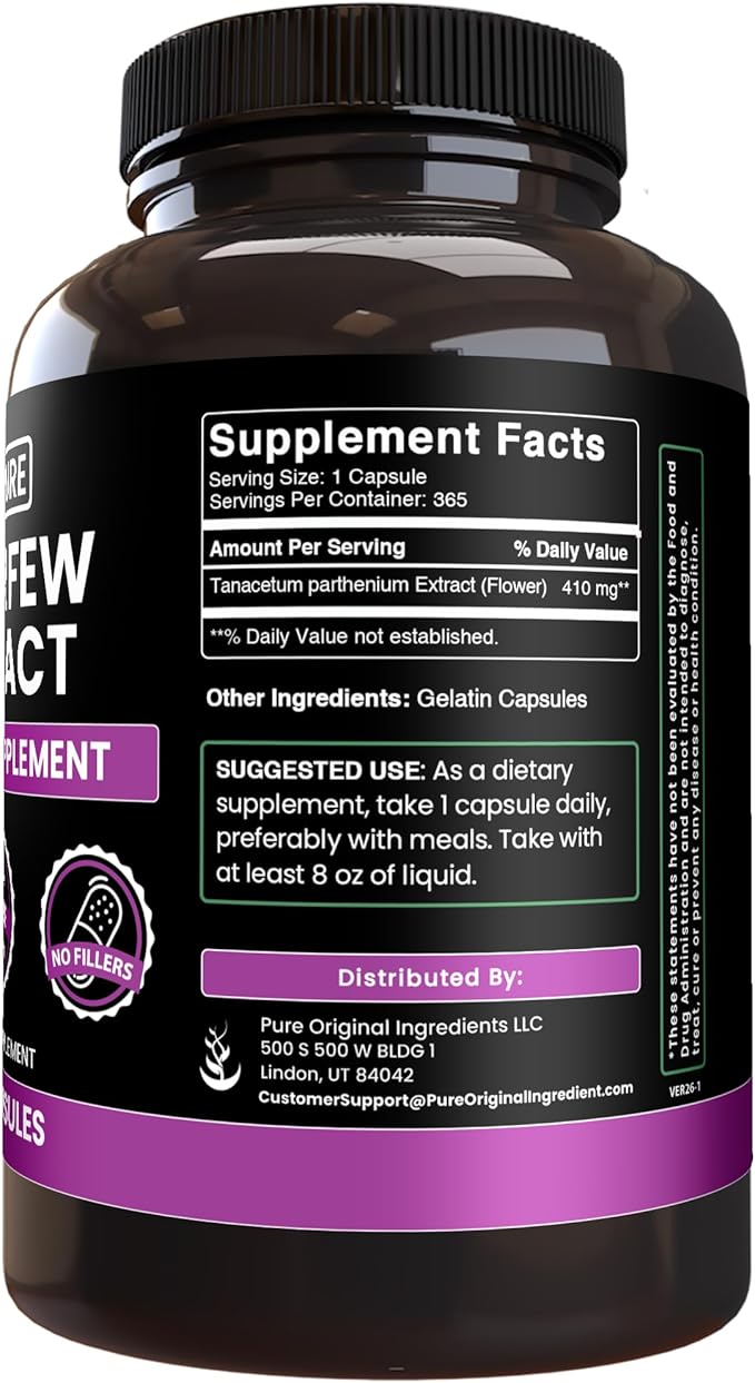 Pure Original Ingredients Feverfew Extract (365 Capsules) No Magnesium Or Rice Fillers Always Pure Lab Verified