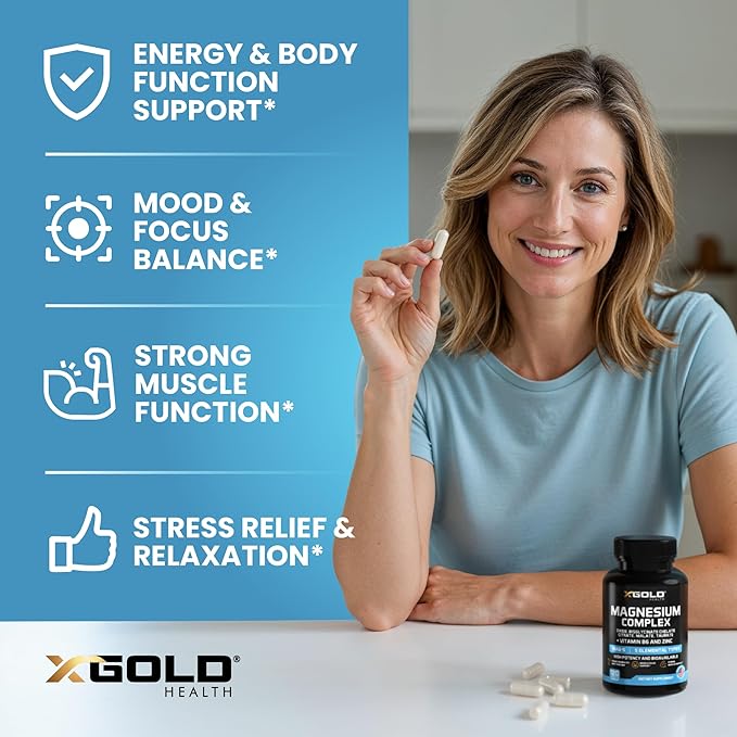 X Gold Health Magnesium Complex 5-in-1 with Zinc &amp B6 High Absorption Capsules (Glycinate Citrate Malate Taurate Oxide) Muscle Recovery Energy Sleep Support &amp Immune Health 500mg Made in