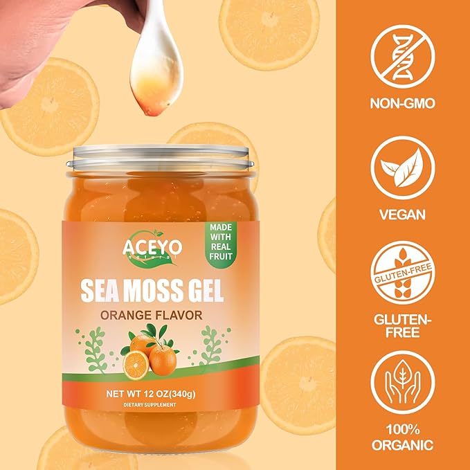 (12 OZ) Sea Moss Gel Organic Raw Vegan Orange Flavored Irish Seamoss 102 Vitamins and Minerals Wild Harvested Non-GMO Immune Defense Booster Thyroid Digestive Support