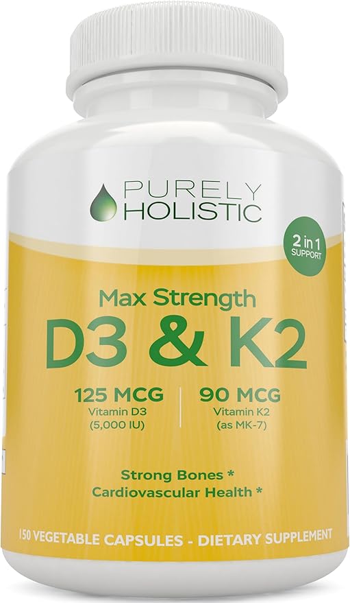 Purely Holistic Vitamin D3 125mcg and Vitamin K2 90mcg MK7-4 Month Supply 150 Vegetarian Capsules - Vitamin D3 &amp K2 Menaqunione - High Strength Cholecalciferol Made in The USA
