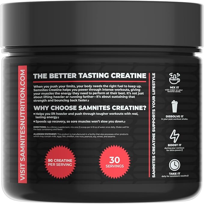 Samnites Creatine Monohydrate Powder Raspberry Watermelon Flavor 5g per Serving 30 Servings Gluten Free Soy Free