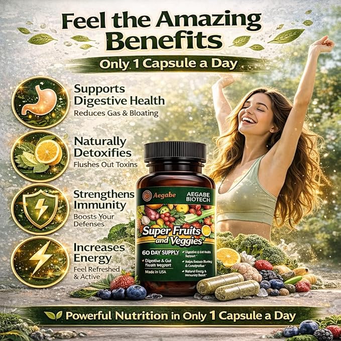 Premium Super Fruits and Veggies Supplement - 36 Whole Food Extracts - Advanced Digestive Health &amp Immune Support - One Capsule Daily - Made in USA - 60-Day Supply