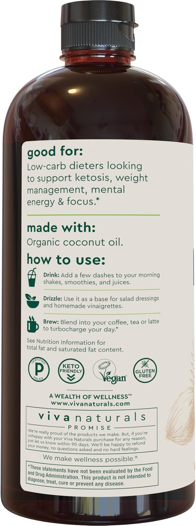 Viva Naturals Organic MCT Oil 32 fl oz – MCT Oil for Coffee USDA Organic Non-GMO Paleo Certified &amp Keto Friendly Supports Energy &amp Mental Clarity