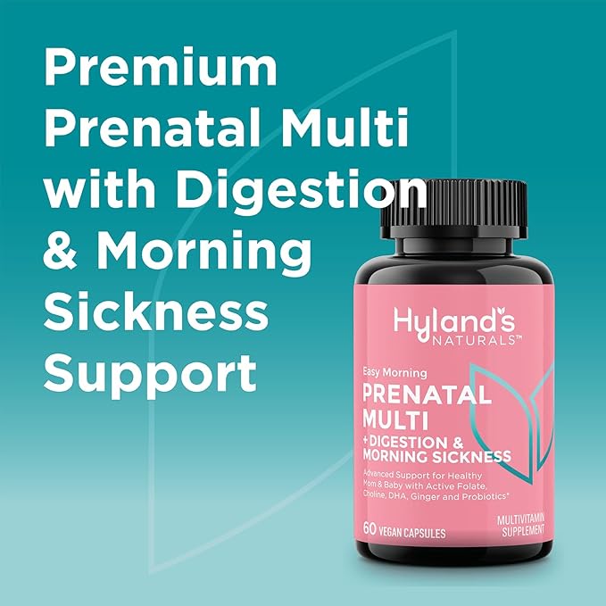 Hyland's Easy Morning Prenatal Multivitamin and Digestive Health and Morning Sickness Relief 60 Vegan Capsules with Folate Choline Zinc Ginger Root Prebiotics and Algae DHA (Pack of 2)