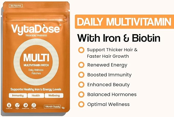 Multivitamin Patches | Hair Growth for Women | Topical Daily Iron Biotin &amp Vitamin Patches Supports Thicker Hair Skin &amp Nails | Vegan Water-Resistant | Kind to Sensitive Skin | 30 Count