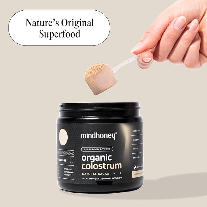MINDHONEY Organic Colostrum | Premium Cacao Flavored Superfood Powder | Gut Health &amp Immunity Skin &amp Hair Anti-Aging Performance &amp Recovery | Grass-Fed Pasture-Raised | 30 Servings