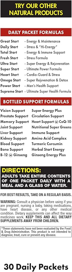 Daily Start All-in-One Daily Vitamin Pack - Energy &amp Focus - Vitamin B12 Panax Ginseng B-Complex Guarana Yerba Mate Ashwagandha &amp Antioxidants - 30 Day Supply