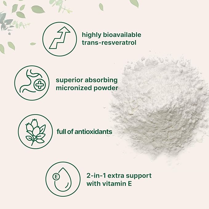 Pure Trans-Resveratrol Powder with Vitamin E 5 Ounce 2 in 1 Formula Micronized Powder for Better Absorption Premium Resveratrol Supplement Super Antioxidant