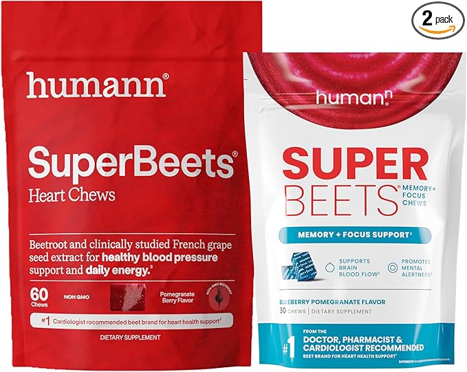 Humann SuperBeets Heart Chews &amp Memory + Focus Chews with Beet Root Powder and clinically Studied nootropics Nitric Oxide Support Mental Alertness 90 Count