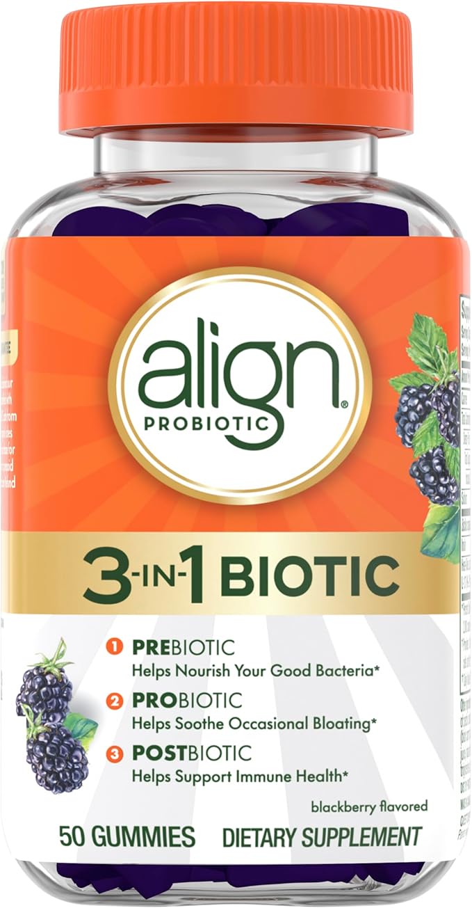Align Probiotic3-in-1 Biotic GummiesPre + Pro + Postbiotic#1 Doctor Recommended-Probiotic Brand‡Helps Relieve Occasional Bloating*BlackBerry Flavor50 Gummies(Pack of 2)