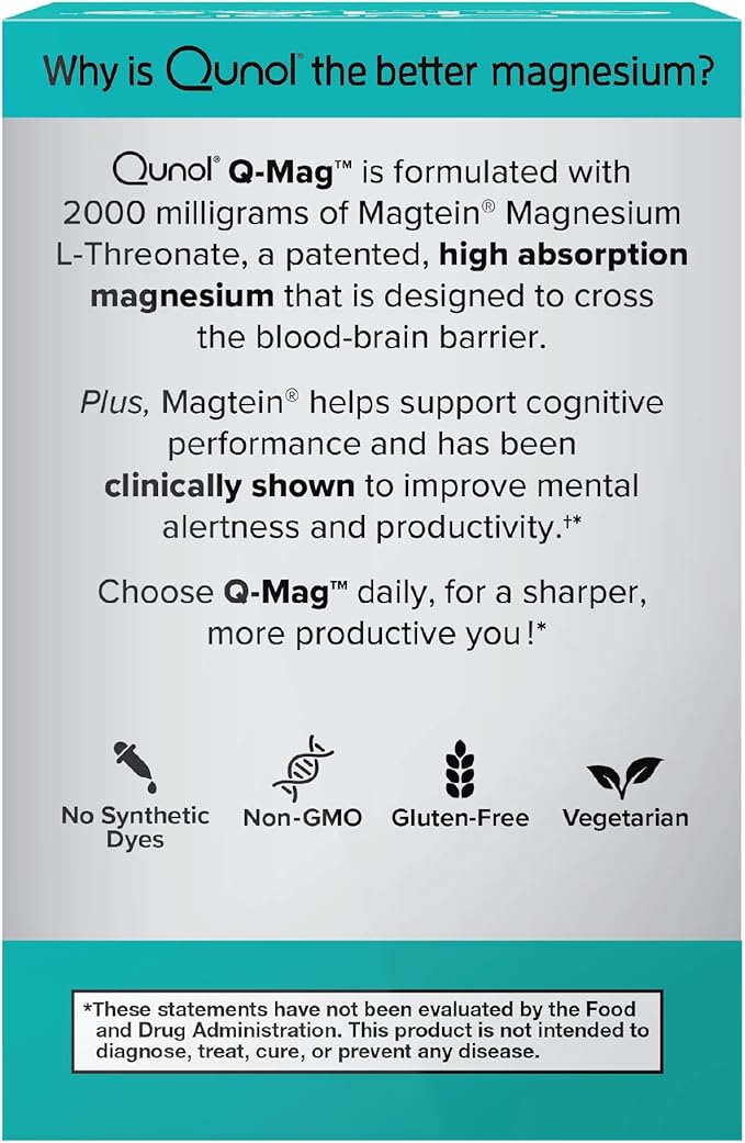 Qunol Q-Mag Magnesium L-Threonate Tablets 2000mg of Magtein to Help Support Cognitive Performance Improve Mental Alertness &amp Productivity Supports Restful Sleep High Absorption 60 Count