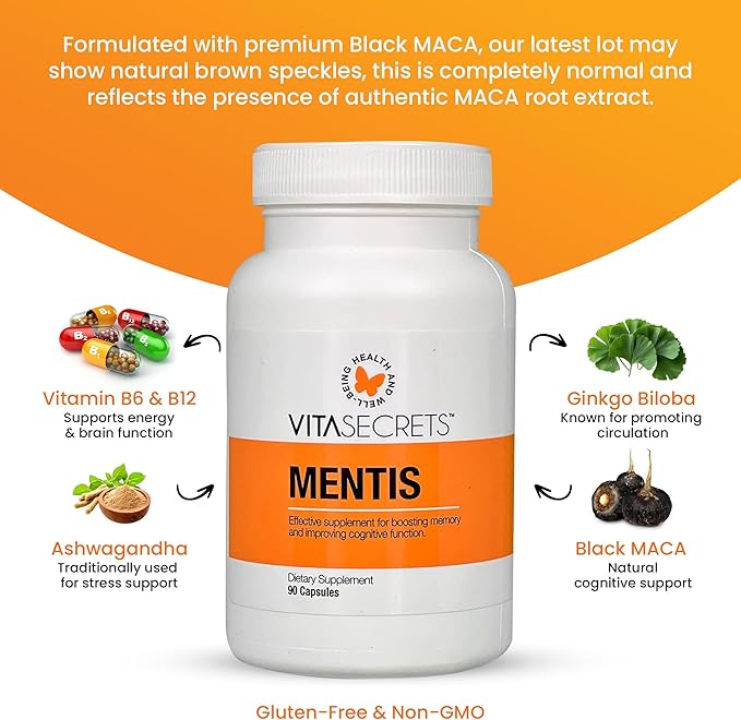 Vitasecrets Mentis Memory &amp Cognition Support Supplement - Concentration Clarity Cognitive Enhancement - Vitamins B6 B12 Ashwaganda Gingko Biloba| Gluten and GMO Free 90 Capsules