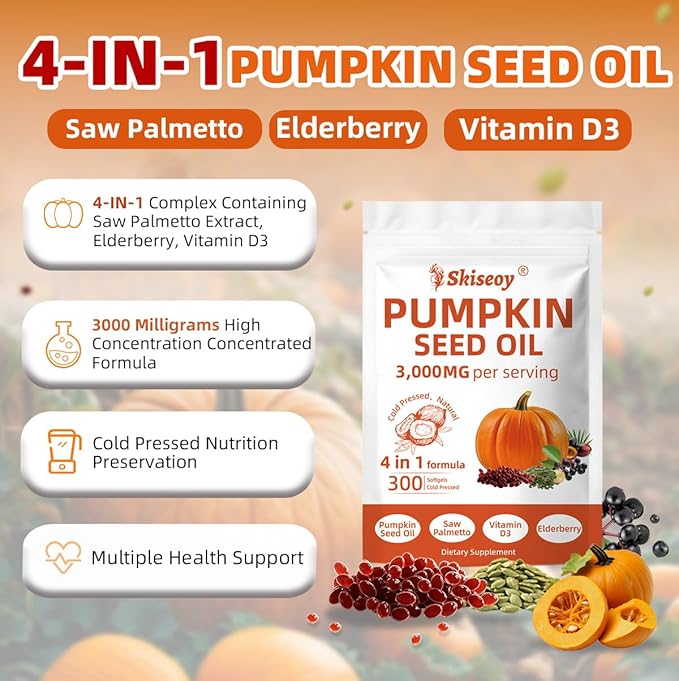 Pumpkin Seed Oil with Saw Palmetto 300 Softgels | 4 in 1 Vitamin D3 &amp Elderberry 3000mg Cold Pressed &amp Pure Virgin Oil | Supports Hair Urinary Bladder &amp Prostate Health Immune | Vegan
