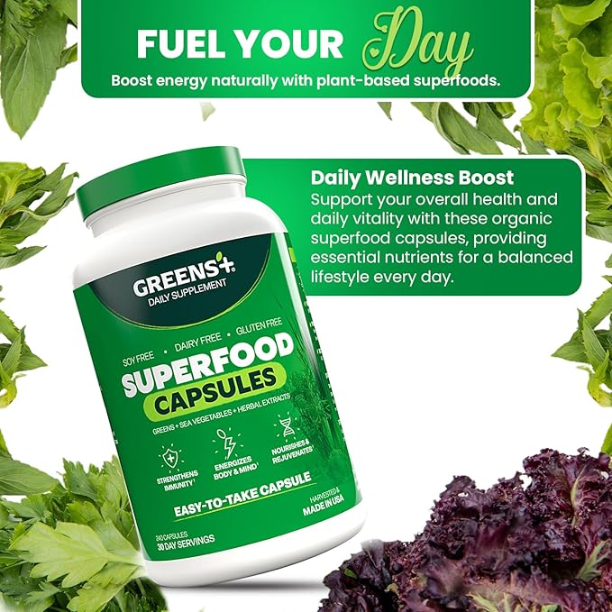 Greens+ Organic Superfood Capsules Organic Spirulina and Chlorella with Alfalfa &amp Wheat Grass Vitamins &amp Minerals Supplements Gluten-Free Vegan Non-GMO 240 Count