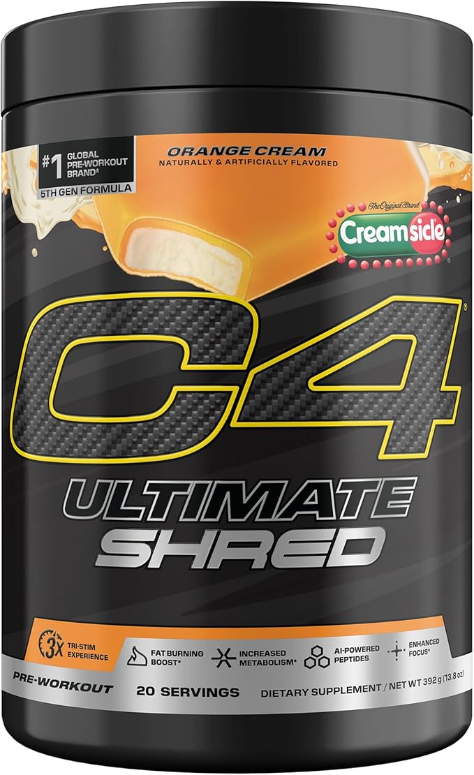 Cellucor C4 Ultimate Shred Pre Workout Powder Metabolism Supplement with Cayenne Extract+300mg Caffeine+TeaCrine+Dynamine - Orange Creamsicle 20 Servings
