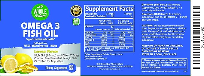 Omega 3 Fish Oil Supplements Maximum Strength 2400 mg Omega-3 1440mg Fish Oil EPA and DHA Fatty Acids Heart Brain &amp Immune Support for Women and Men. Natural Lemon Flavor 120ct (2)