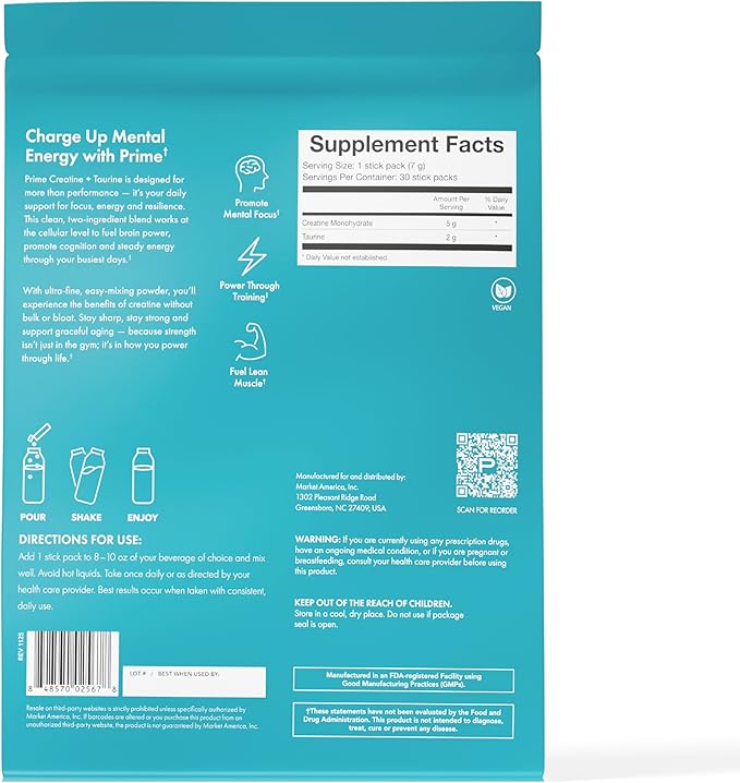 PRIME Creatine Monohydrate with Taurine – Cognitive Support &amp Muscle Energy Supplement – 5g Creatine Highly Bioavailable – Vegan &amp Dairy Free – 30 Individual Stick Packs
