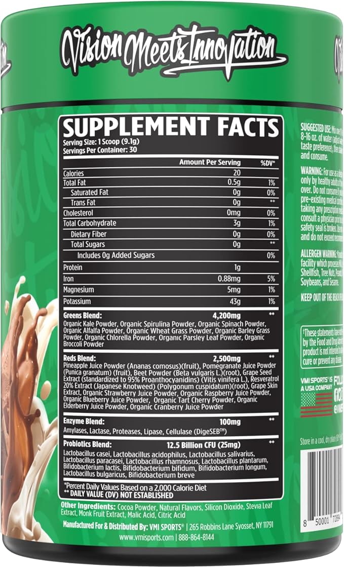 VMI Sports Greens + Reds Advanced Superfood Immunity and Gut Health | Enzymes &amp Probiotics | 30 Servings (Chocolate)