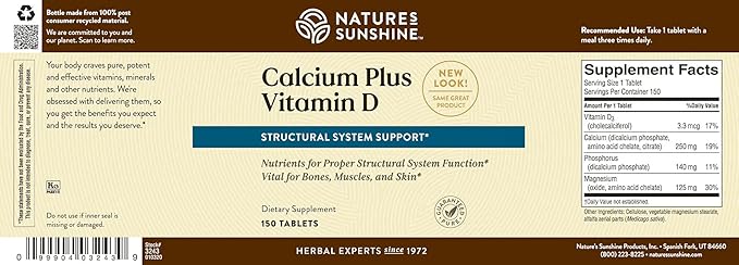 Nature's Sunshine Calcium Plus Vitamin D 150 Tablets Kosher | Powerful Vitamin Supplement for Adults Containing Vitamin D3 Calcium and Magnesium