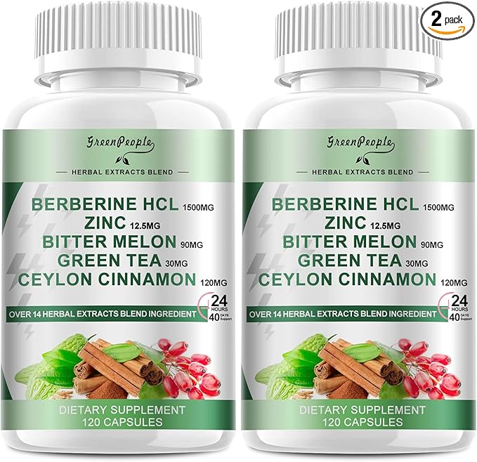 GREENPEOPLE Berberine Supplement with Ceylon Cinnamon - 120 Count Berberine 1500mg Berberine HCL Capsules with Bitter Melon/Artichoke Extracts &amp Natural Herbs for Immune Support 2 Pack