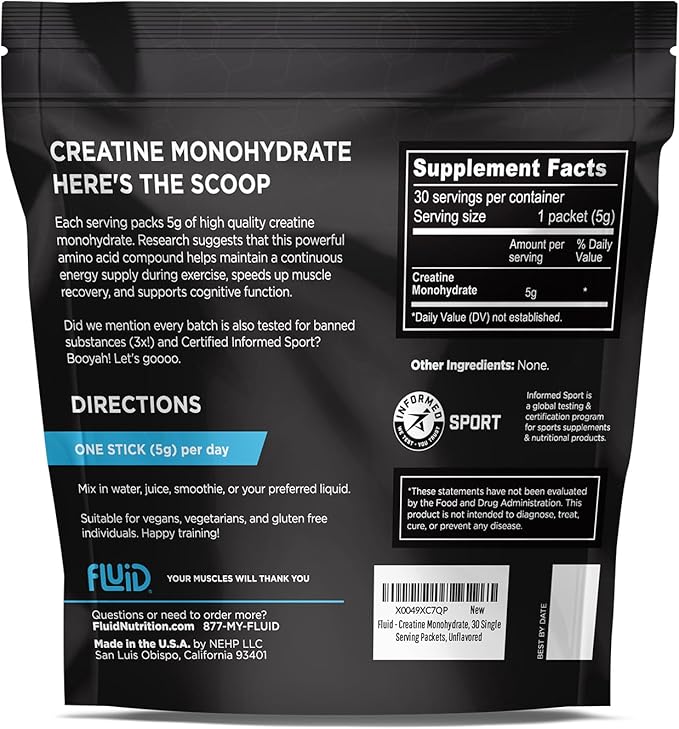 Fluid Creatine - Informed Sport Certified | Ultra-Fine Micronized 100% Creatine Monohydrate Powder | Unflavored | 5g Travel Stick Packs | 30 Servings