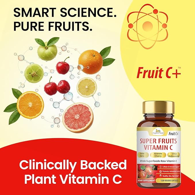 Organic Veda Fruit C+ Vitamin C Complex - 1250mg Organic Whole Food Vitamin C Supplement with Citrus Bioflavonoids Acerola &amp Amla - Daily Antioxidants Immunity Collagen Boost - 120 Vegan Capsul
