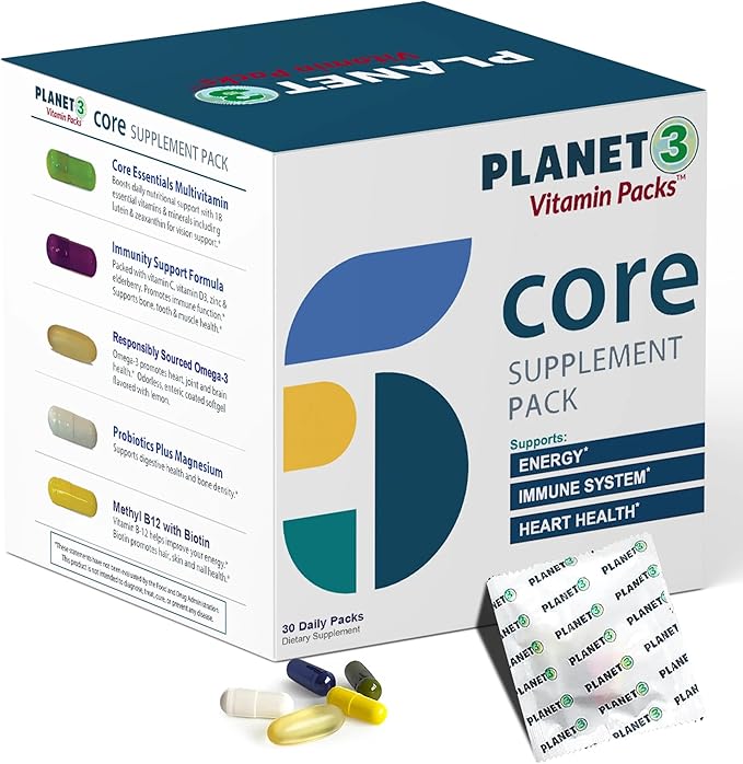 Daily Vitamin Packs for Men &amp Women – Immune Energy &amp Heart Support with Vitamin D3 Omega-3 Probiotics Methyl B12 &amp Vitamin C – Multivitamin with Lutein – Planet 3 Vitamin Packs 30 Pa