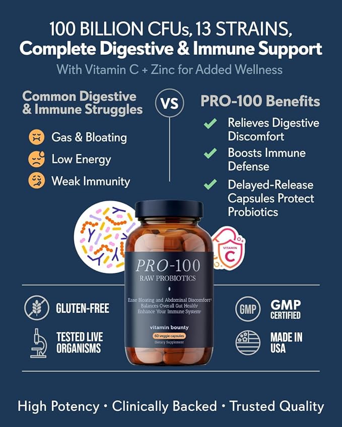 Vitamin Bounty Pro-100 Probiotic 100 Billion CFU - 13 Strains for Digestive Health &amp Immune Support - High Potency Probiotics for Women &amp Men - Delayed Release Capsules for Gut Health - 60 Cou