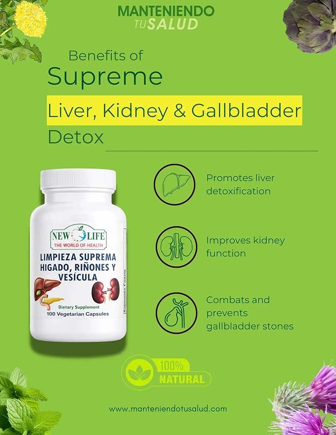 New Life Limpieza Suprema Hígado Riñones y Vesicula Healthy Liver Supplement Dandelion Root Milk Thistle Extract 100 Capsules