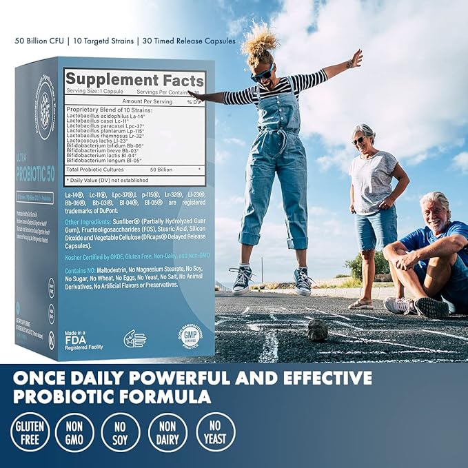 Prebiotics &amp Probiotics 50 Billion CFU for Women &amp Men - Time-Release Bifidobacterium Lactobacilli Probiotics for Digestive Health Bloating Relief USA-Made Kosher Live Probiotics with Sunfi