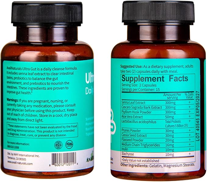 Ultra Gut Daily Cleanse - 15 Day Detox Cleanse with Cascara Sagrada Senna Leaf Psyllium Husk Dietary Fiber 2.5B CFU Probiotics Gut Health Support Non-GMO 30 Capsules (1)