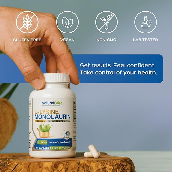 Natural Cure Labs L-Lysine with Monolaurin 600mg 1:1 Ratio 2 Pack 200 Capsules