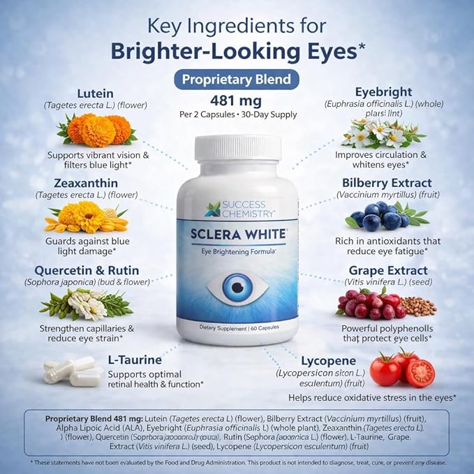 Sclera White Eye Brightening Formula by Success Chemistry - for Beautiful Bright Eyes. Reduce Eye Strain &amp Fatigue. Non-GMO 60 Veggie CAPS