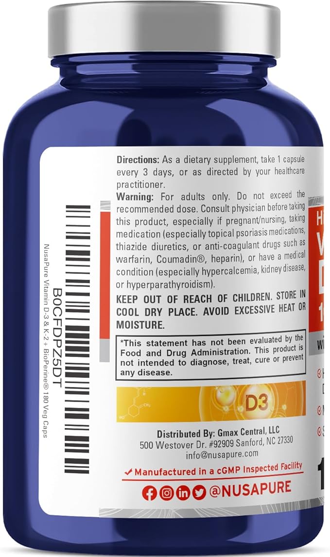 NusaPure Vitamin K2 (MK7) (200mcg) + Vitamin D3 (10000 IU) 180 Veg Caps - Bioperine Soyfree Non-GMO