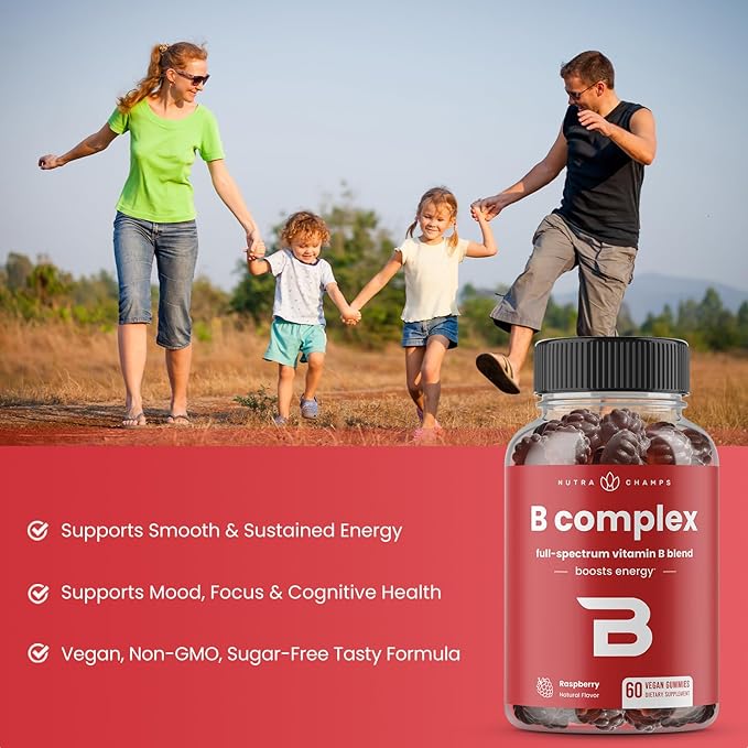 NutraChamps Vitamin B Complex Gummies Vitamin B Gummies Boosts Energy B Complex Vitamins B1 B2 (Riboflavin) B3 (Niacin) B5 B6 B7 (Biotin) B9 (Folic Acid) Methyl B12 (Pack of 2)