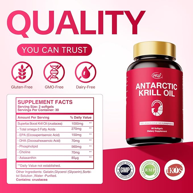 HUJ Antarctic Krill Oil 1000mg with Omega-3s EPA DHA Astaxanthin Phospholipids and Choline - Sustainably Sourced - 60 Softgels