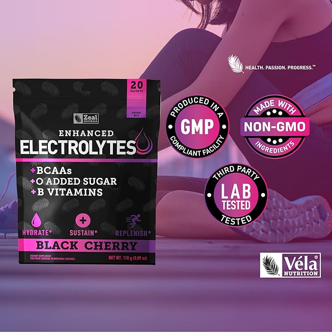 Enhanced Electrolyte Powder Stick Packs (Black Cherry | 20 Packets) w/ 0 Sugar +BCAAs +B-Vitamins Electrolyte Supplement w Potassium Zinc &amp Magnesium for Hydration - Keto Electrolytes