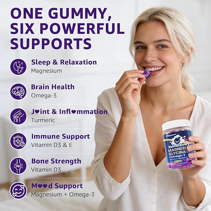Magnesium Glycinate Gummies 500mg - Magnesium with Omega-3 Turmeric Vitamin D3 &amp E | Magnesium Glycinate Soft Chews for Adults | for Sleep Muscle &amp Brain | 60 Counts