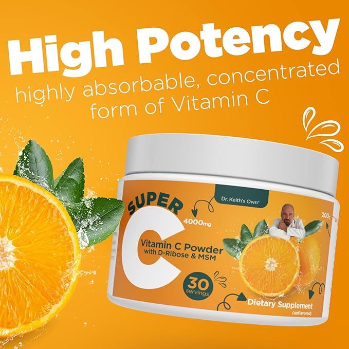 Dr. Keith's Own Super C - High Dose 4000mg Buffered Vitamin C Powder with D-Ribose Glycine MSM - Highly Absorbable Stomach-Friendly Daily Immune Support - Unflavored 200 Grams Each (3 Pack)